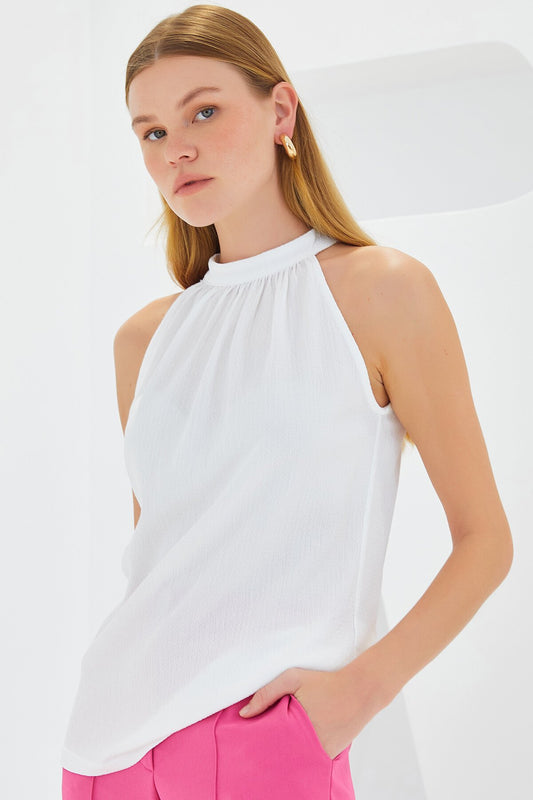 Halter Yaka Örme Bluz - Beyaz 0489