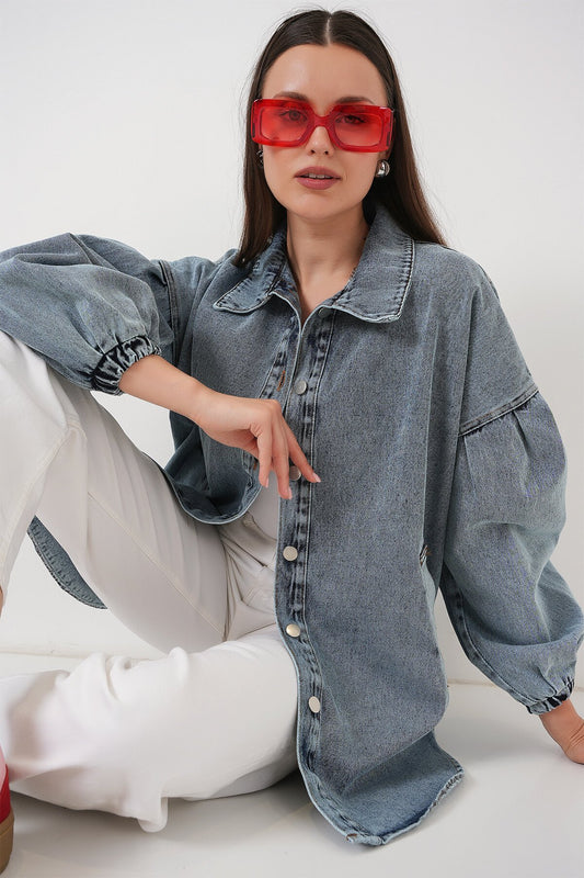 Merterium 0662 Denim Balon Kollu Kot Ceket - Mavi