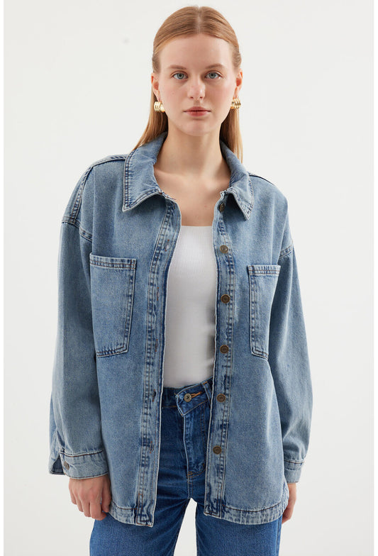 0694 Çift Cepli Oversize Denim Ceket