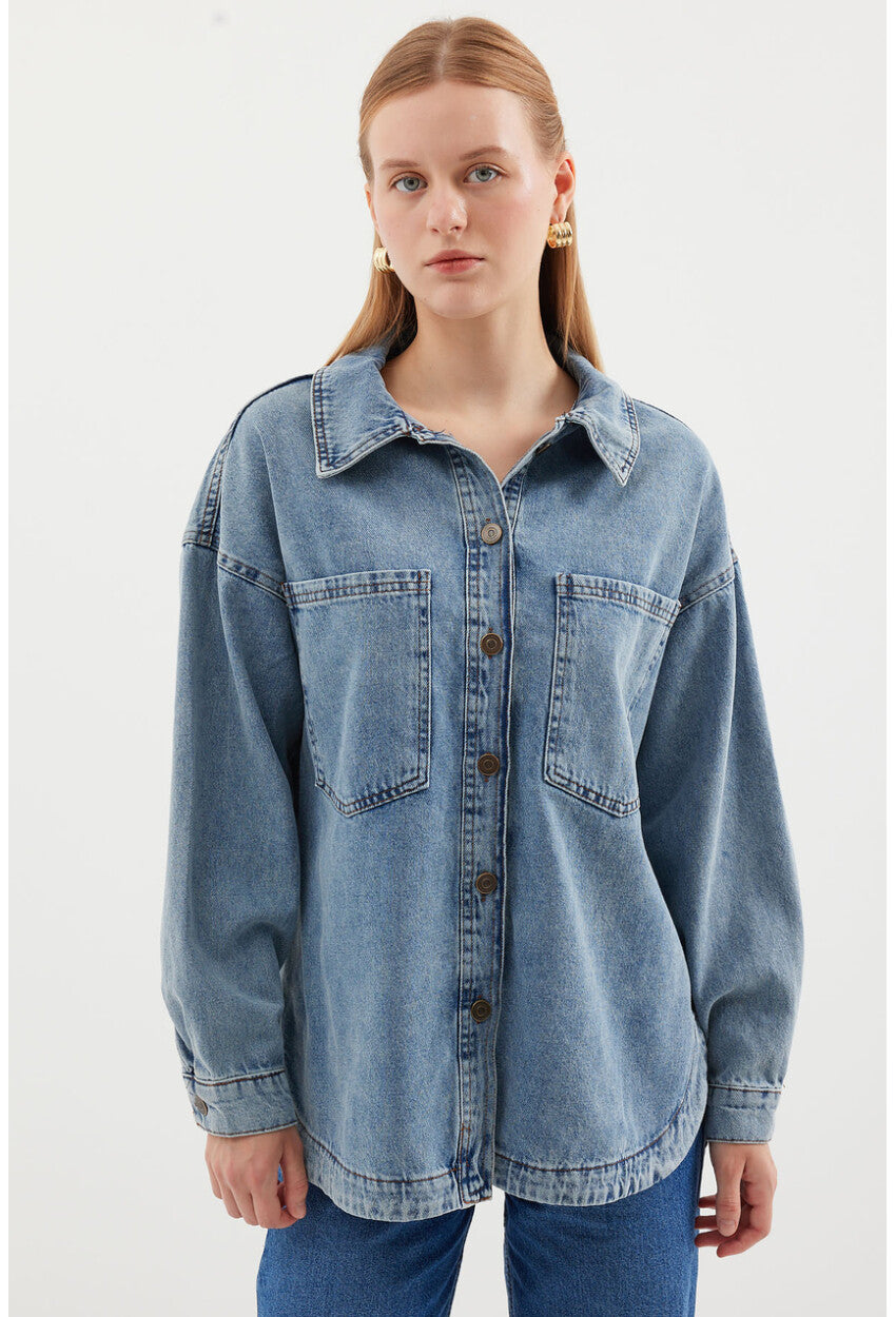 0694 Çift Cepli Oversize Denim Ceket