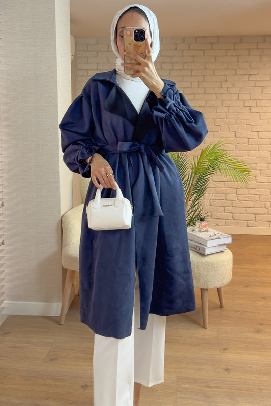 Kuşak Detaylı Süet Trençkot Lacivert