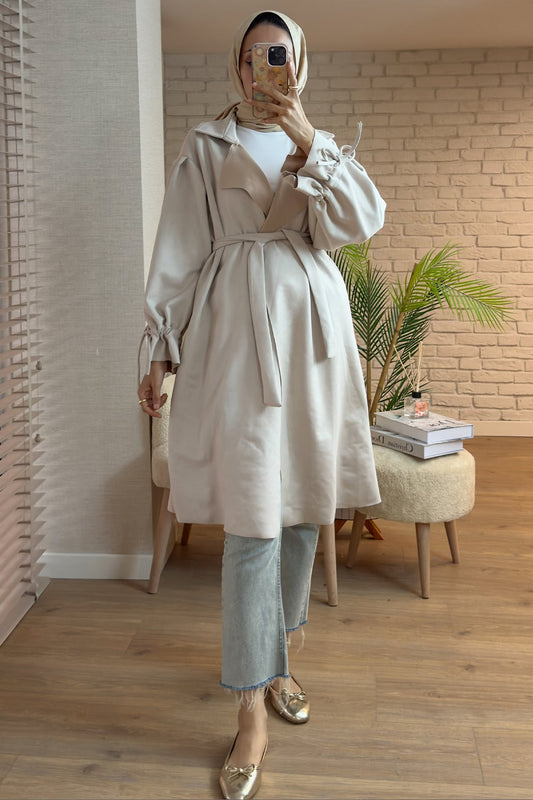 Kuşak Detaylı Süet Trençkot Taş