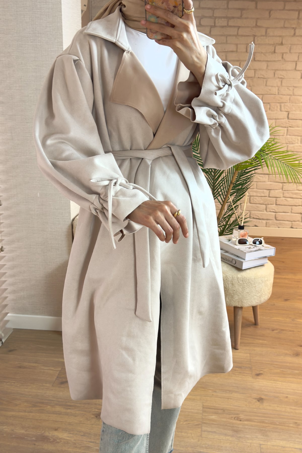 Kuşak Detaylı Süet Trençkot Taş