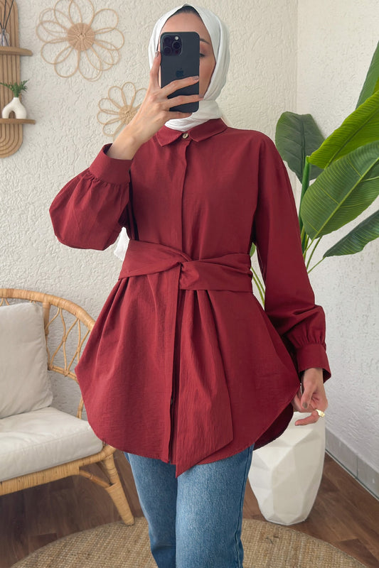 Kuşak Detaylı Tunik Bordo