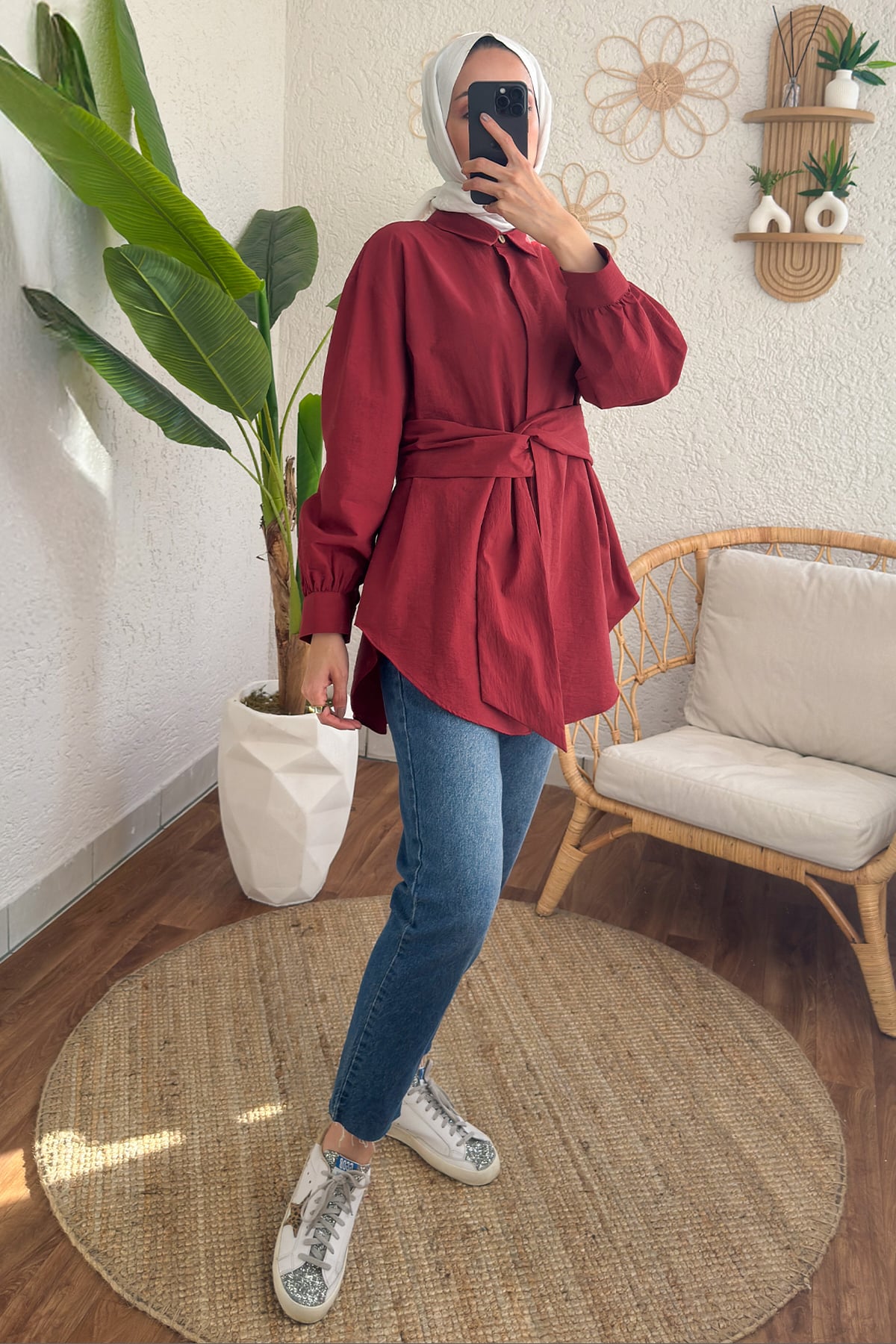 Kuşak Detaylı Tunik Bordo