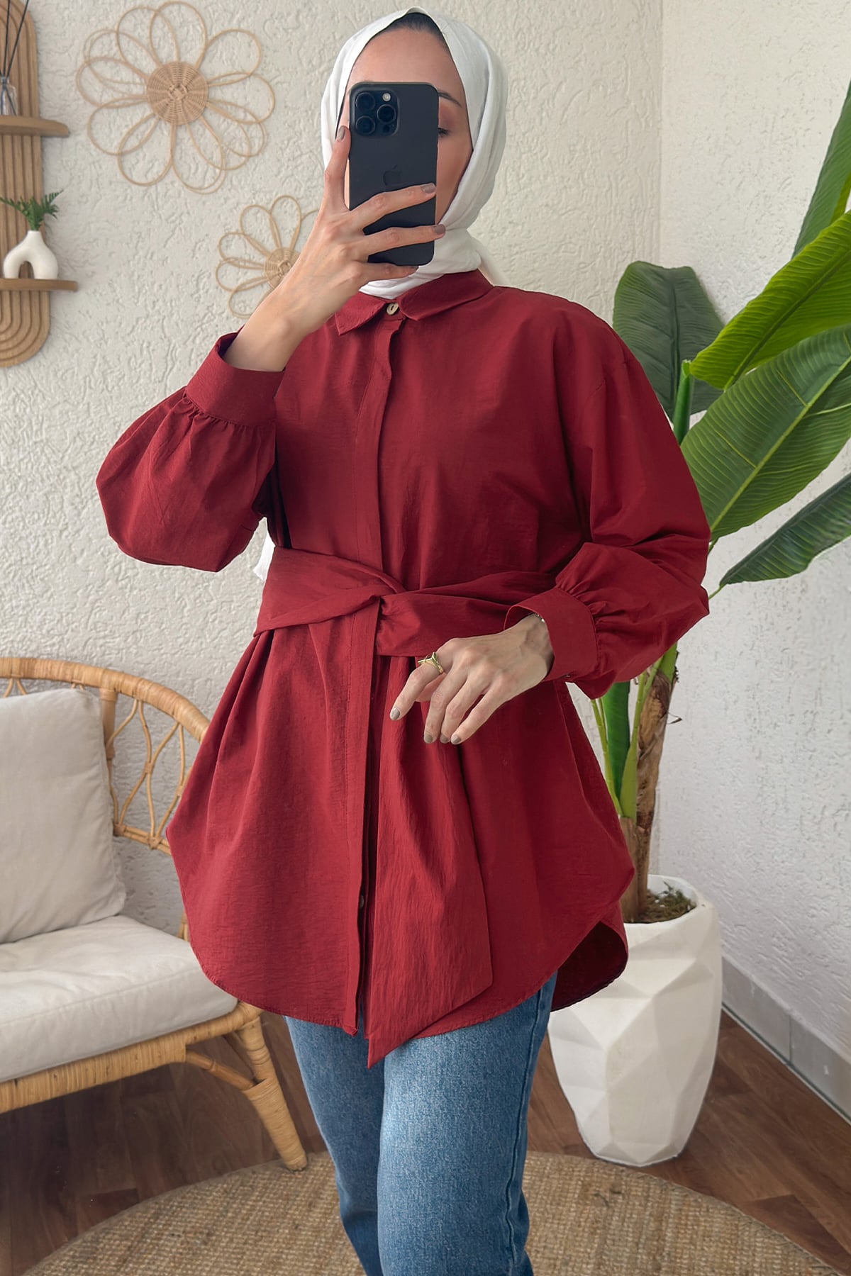 Kuşak Detaylı Tunik Bordo
