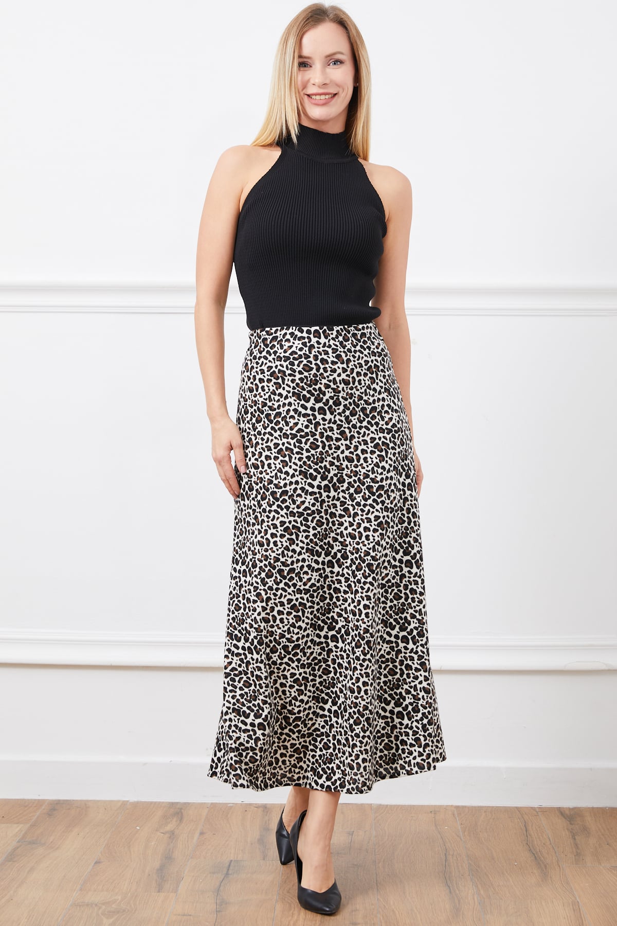 Leopar Desenli Etek Ekru