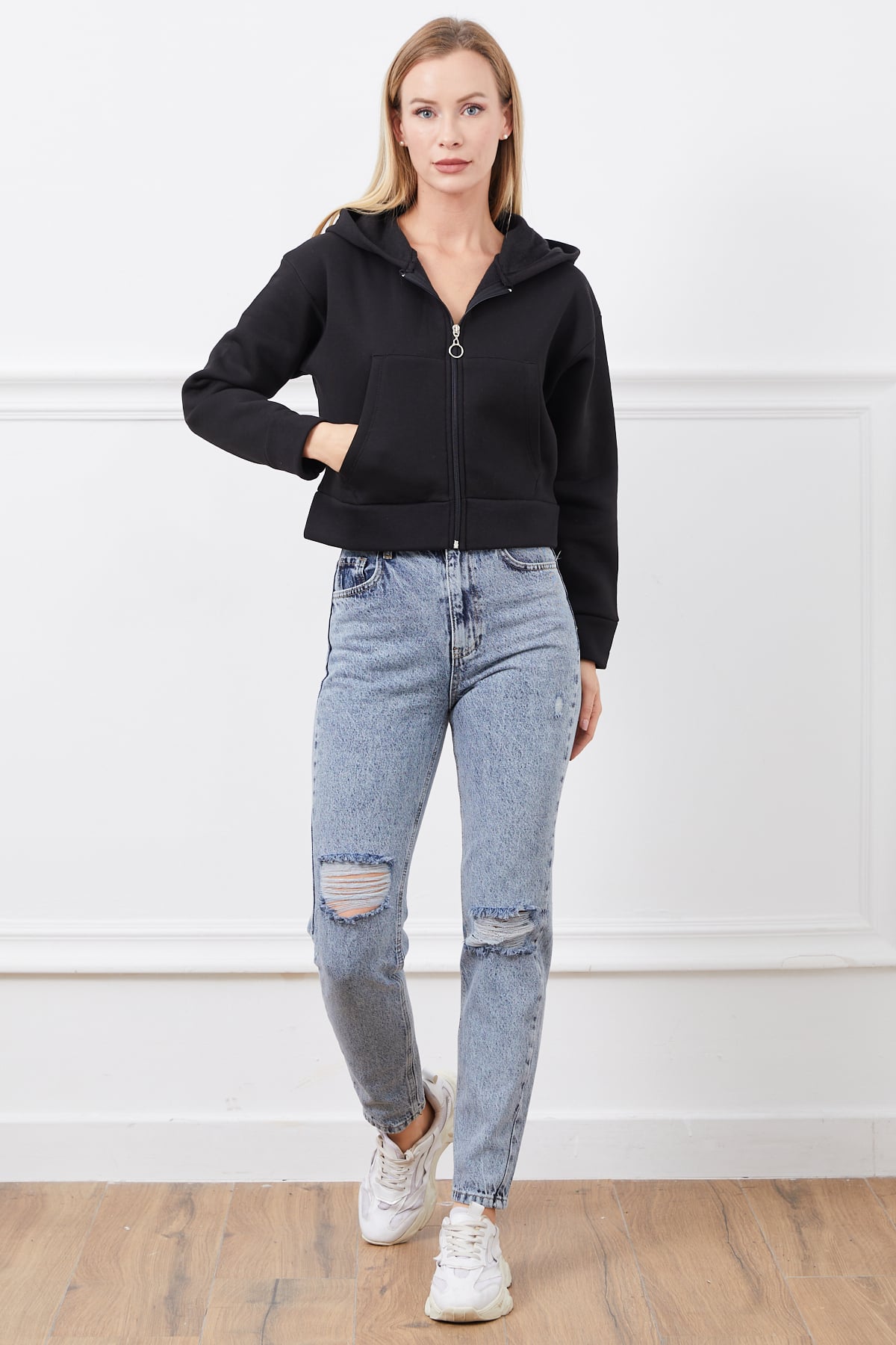 Kapüşonlu Fermuarlı Sweatshirt Siyah