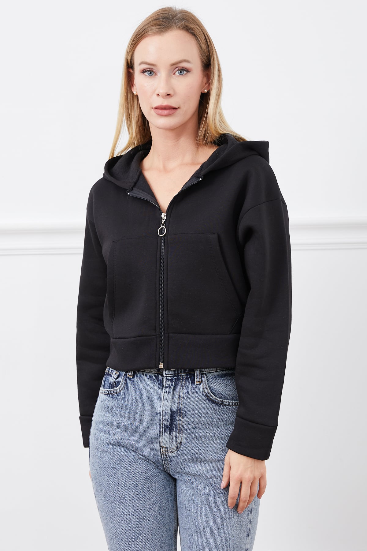 Kapüşonlu Fermuarlı Sweatshirt Siyah