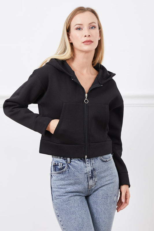 Kapüşonlu Fermuarlı Sweatshirt Siyah