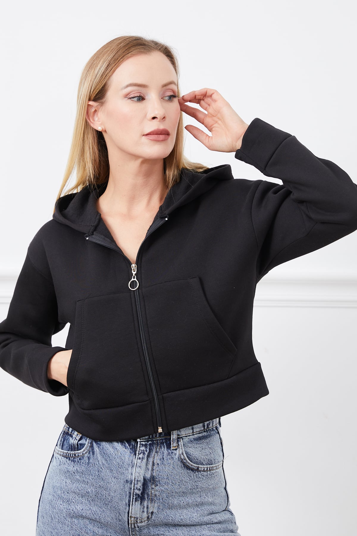 Kapüşonlu Fermuarlı Sweatshirt Siyah