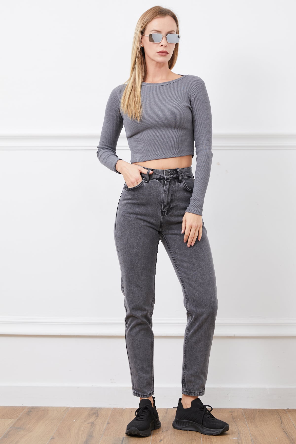 Yüksek Bel Mom Jean Pantolon Antrasit