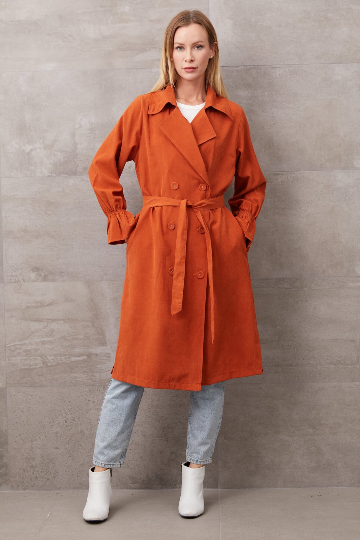 Kuşaklı Düğmeli Trençkot Kiremit