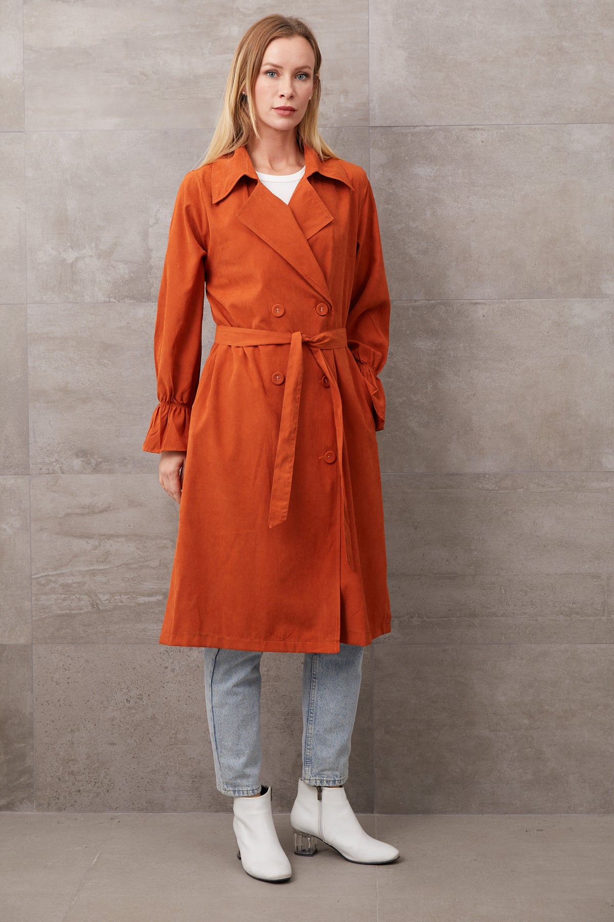 Kuşaklı Düğmeli Trençkot Kiremit