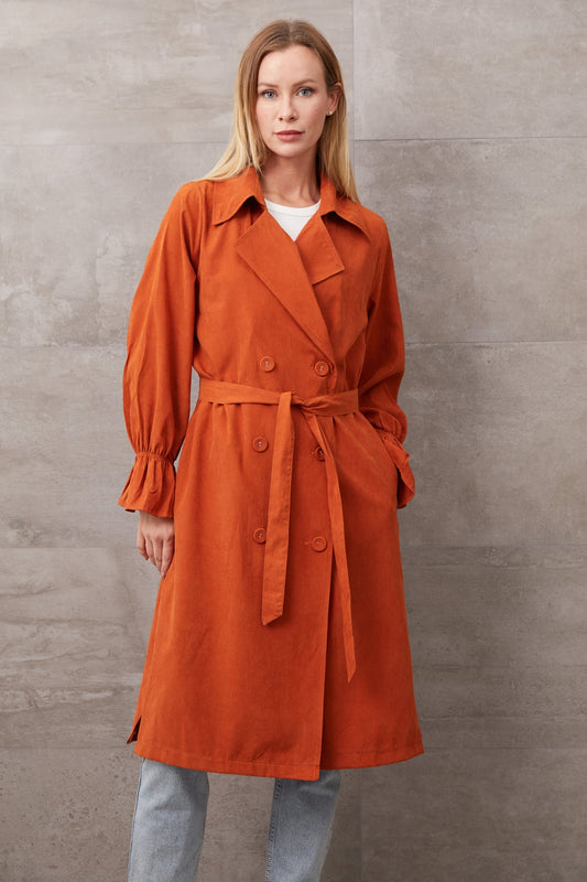 Kuşaklı Düğmeli Trençkot Kiremit