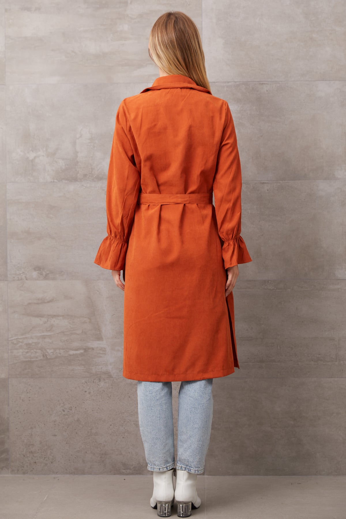 Kuşaklı Düğmeli Trençkot Kiremit