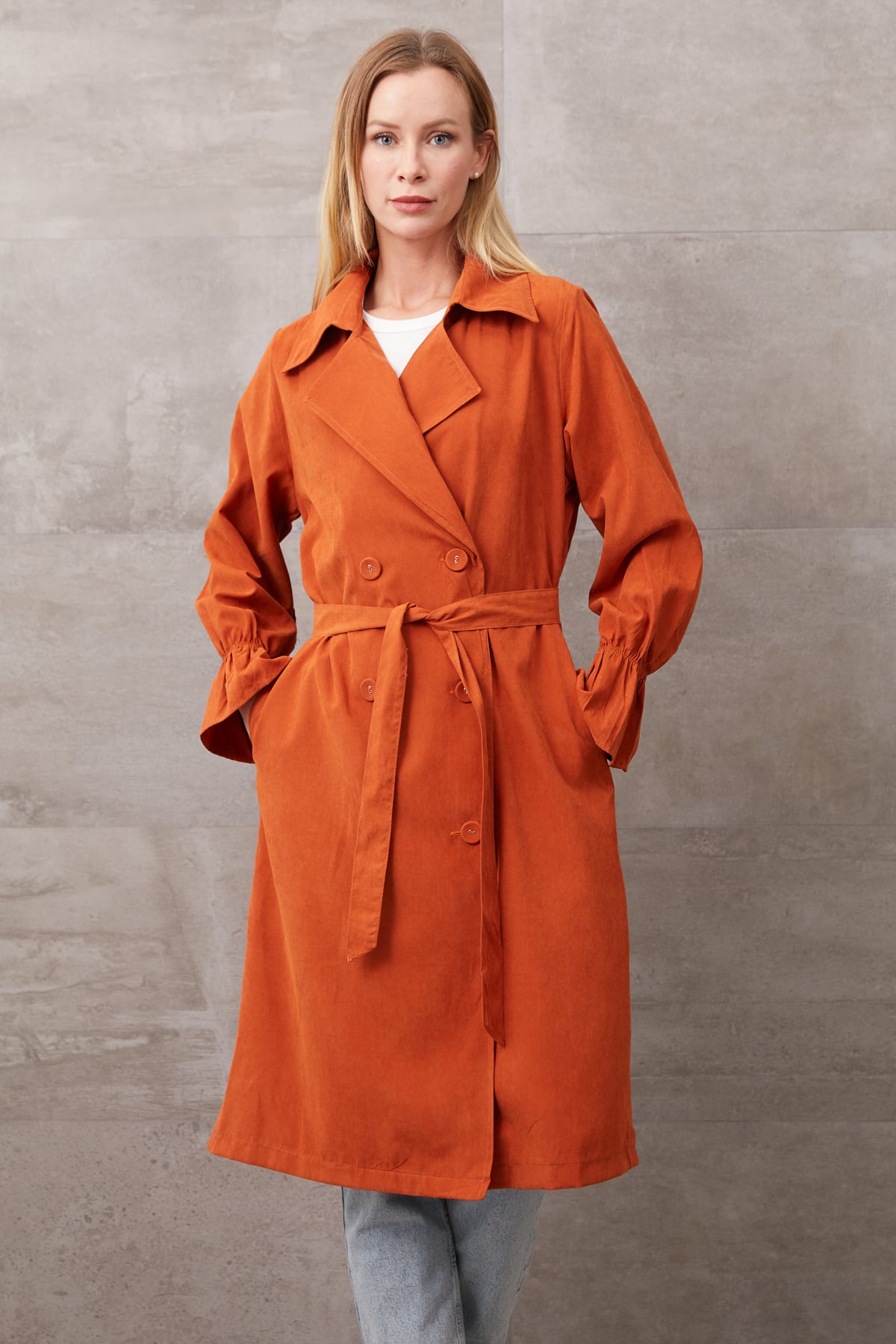 Kuşaklı Düğmeli Trençkot Kiremit