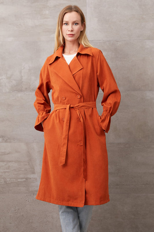 Kuşaklı Düğmeli Trençkot Kiremit