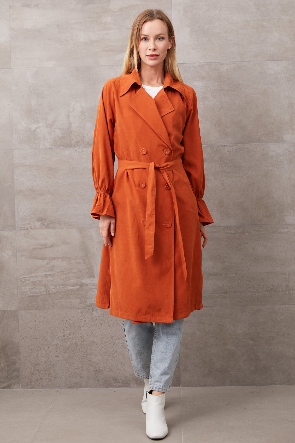 Kuşaklı Düğmeli Trençkot Kiremit