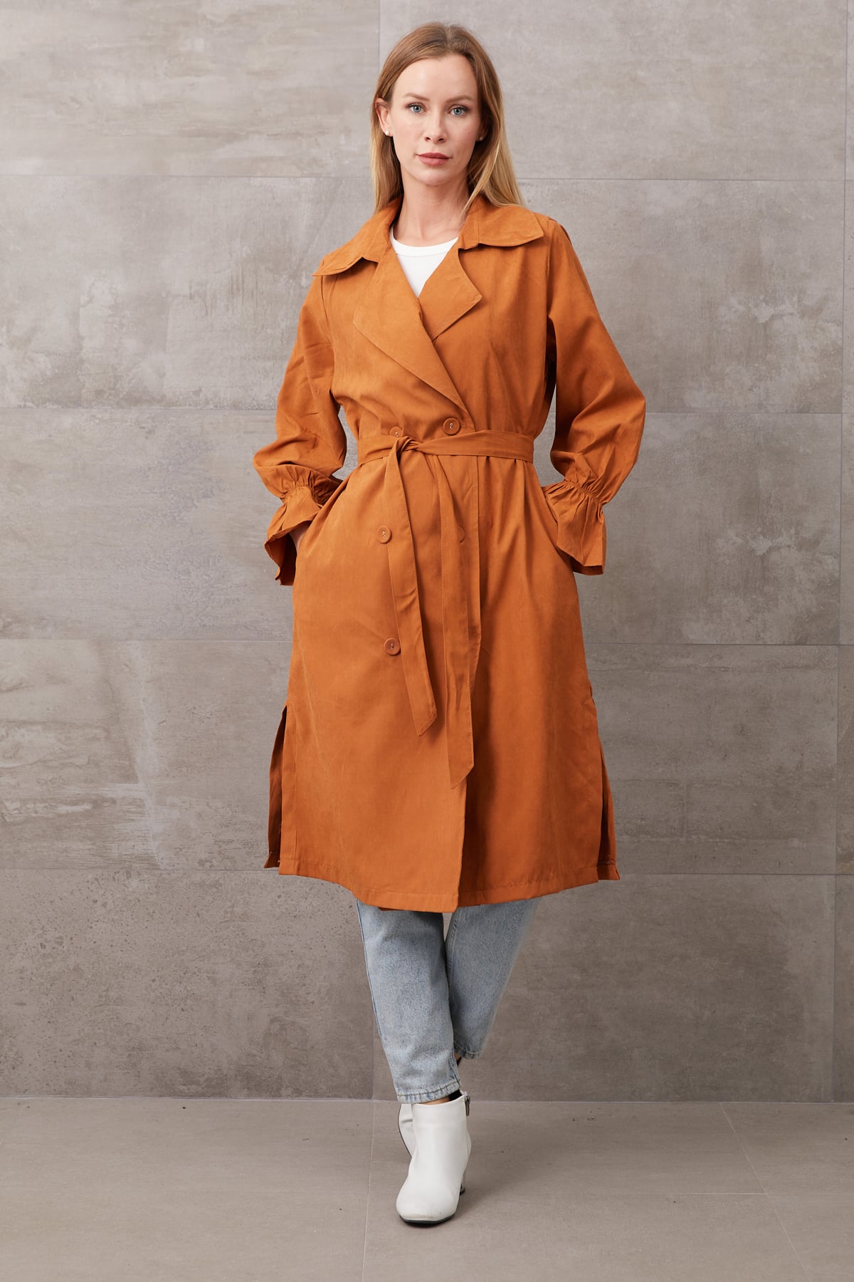 Kuşaklı Düğmeli Trençkot Taba