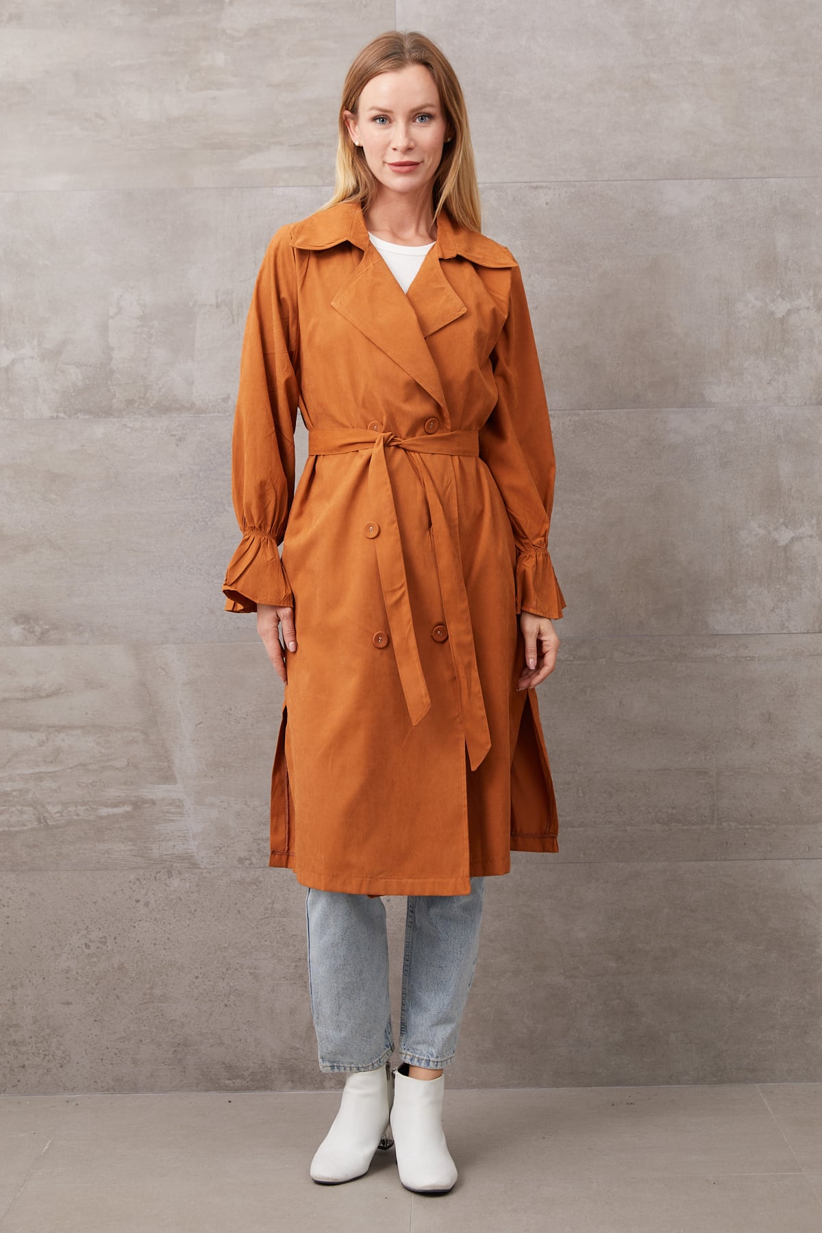 Kuşaklı Düğmeli Trençkot Taba