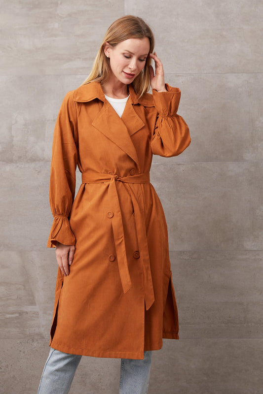 Kuşaklı Düğmeli Trençkot Taba