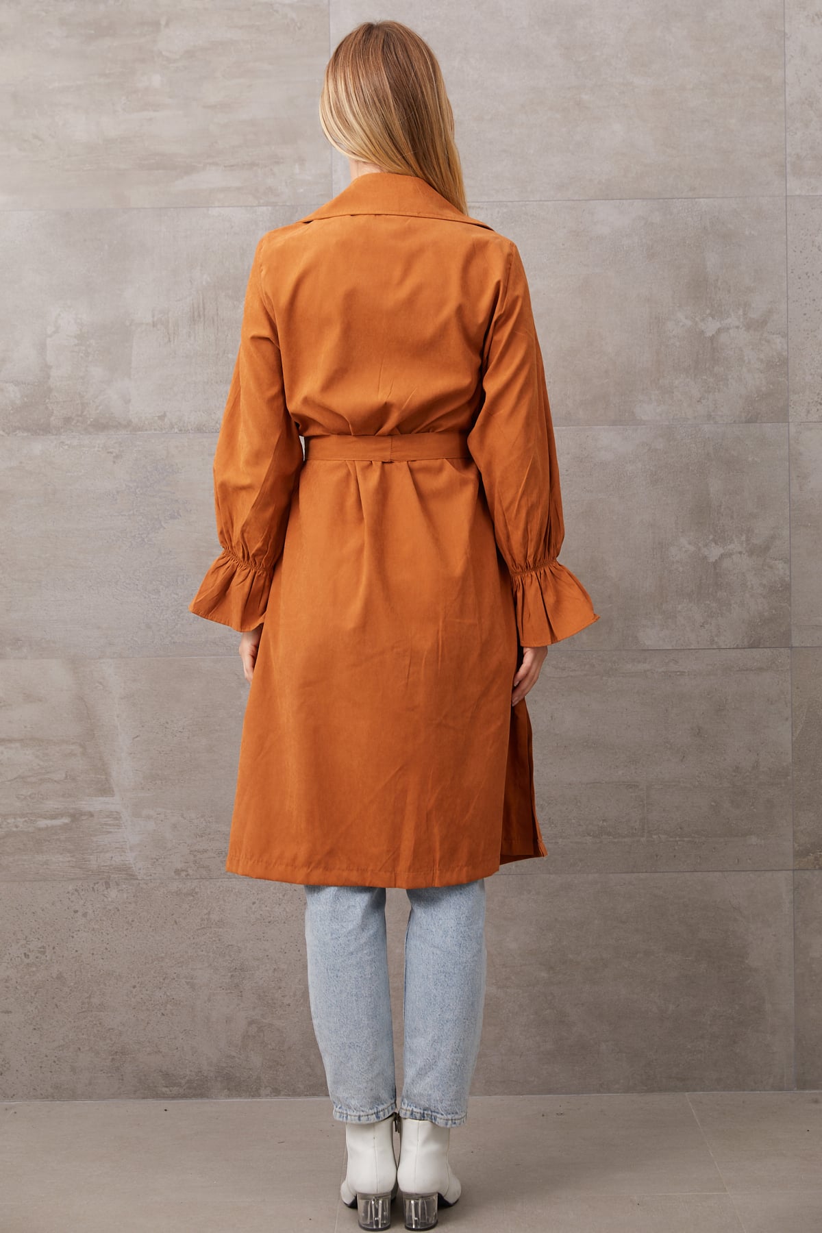 Kuşaklı Düğmeli Trençkot Taba