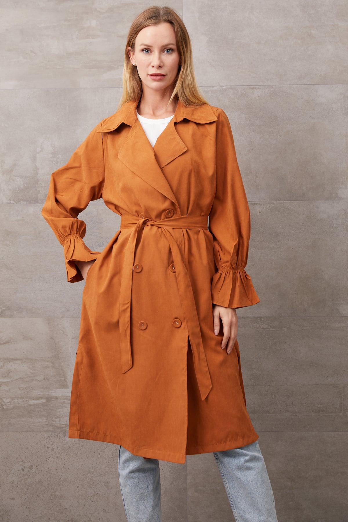 Kuşaklı Düğmeli Trençkot Taba