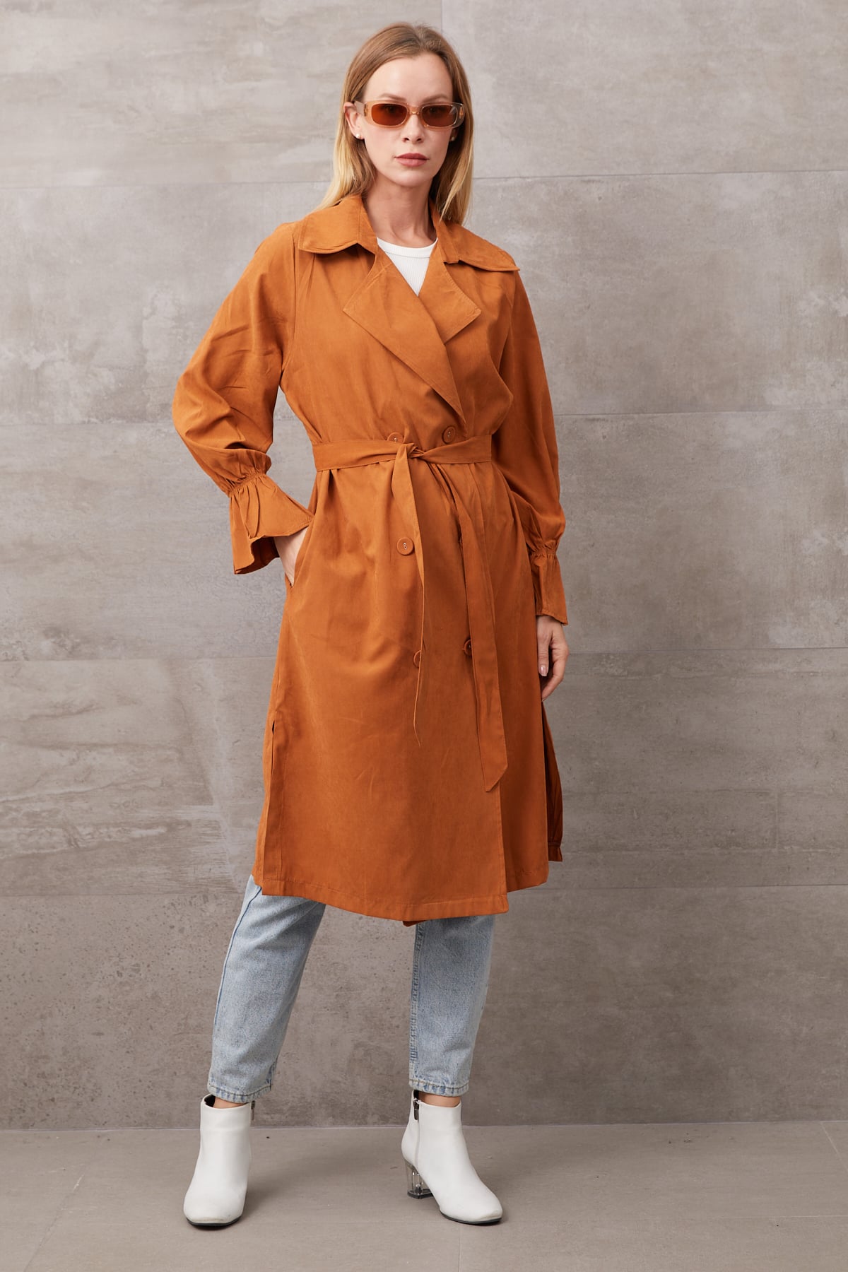 Kuşaklı Düğmeli Trençkot Taba