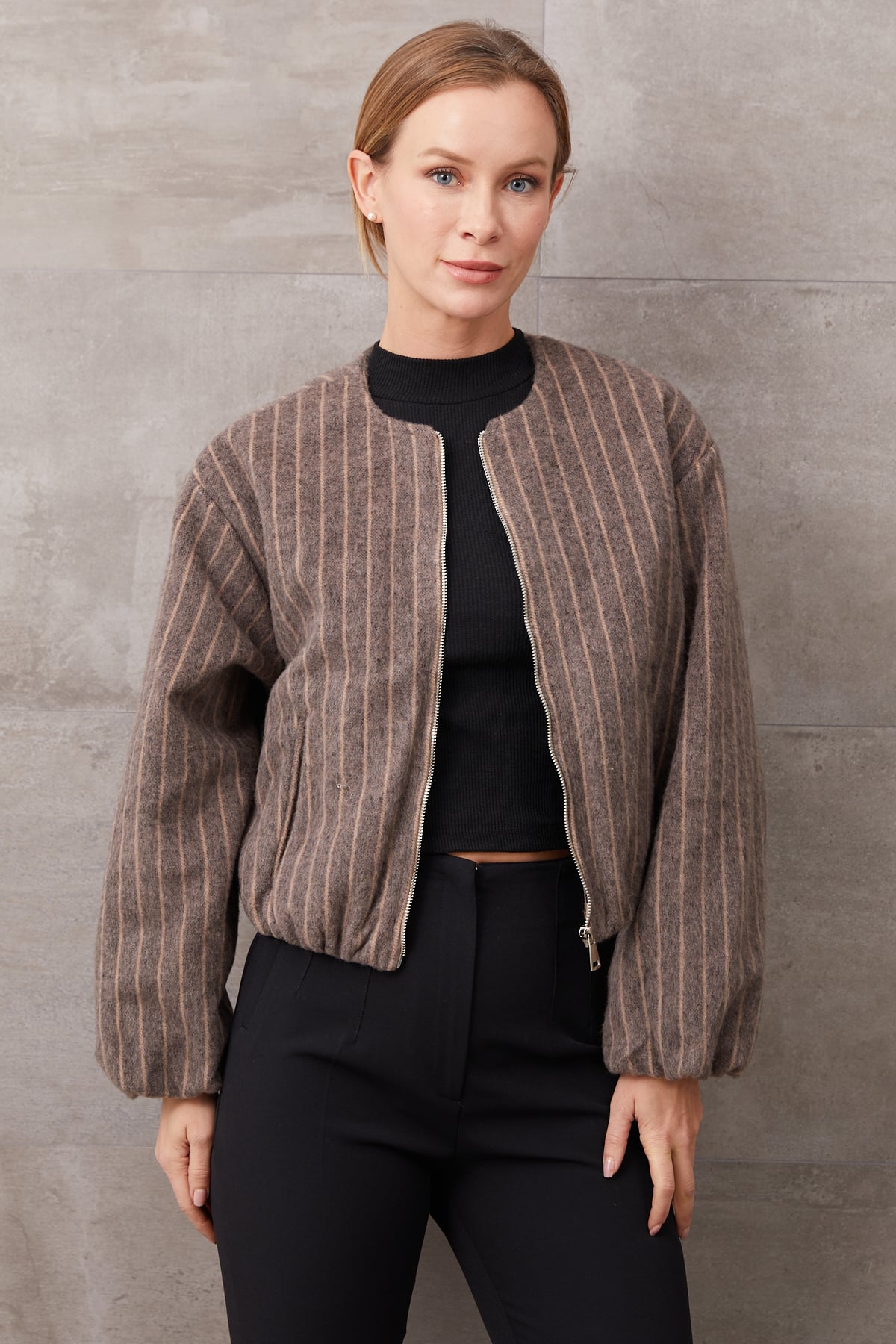 Çizgili Fermuarlı Kaşe Ceket Camel