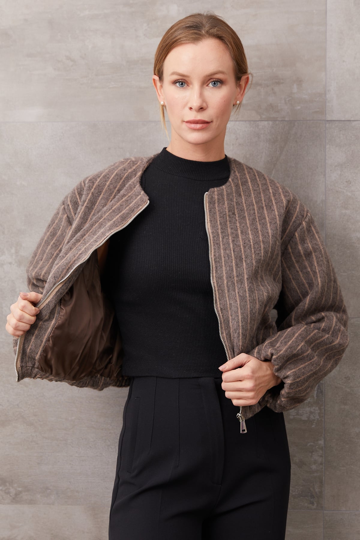 Çizgili Fermuarlı Kaşe Ceket Camel