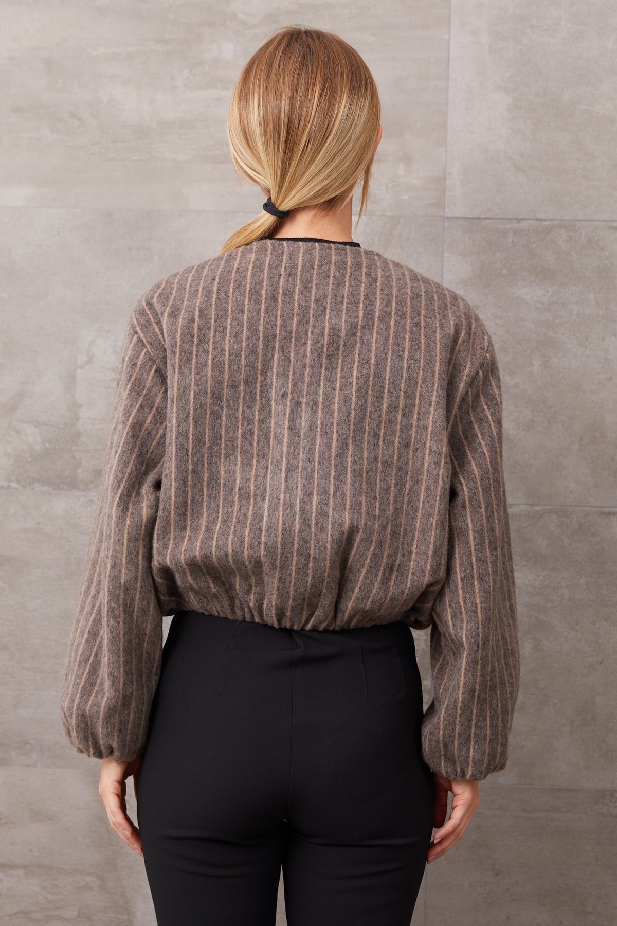 Çizgili Fermuarlı Kaşe Ceket Camel