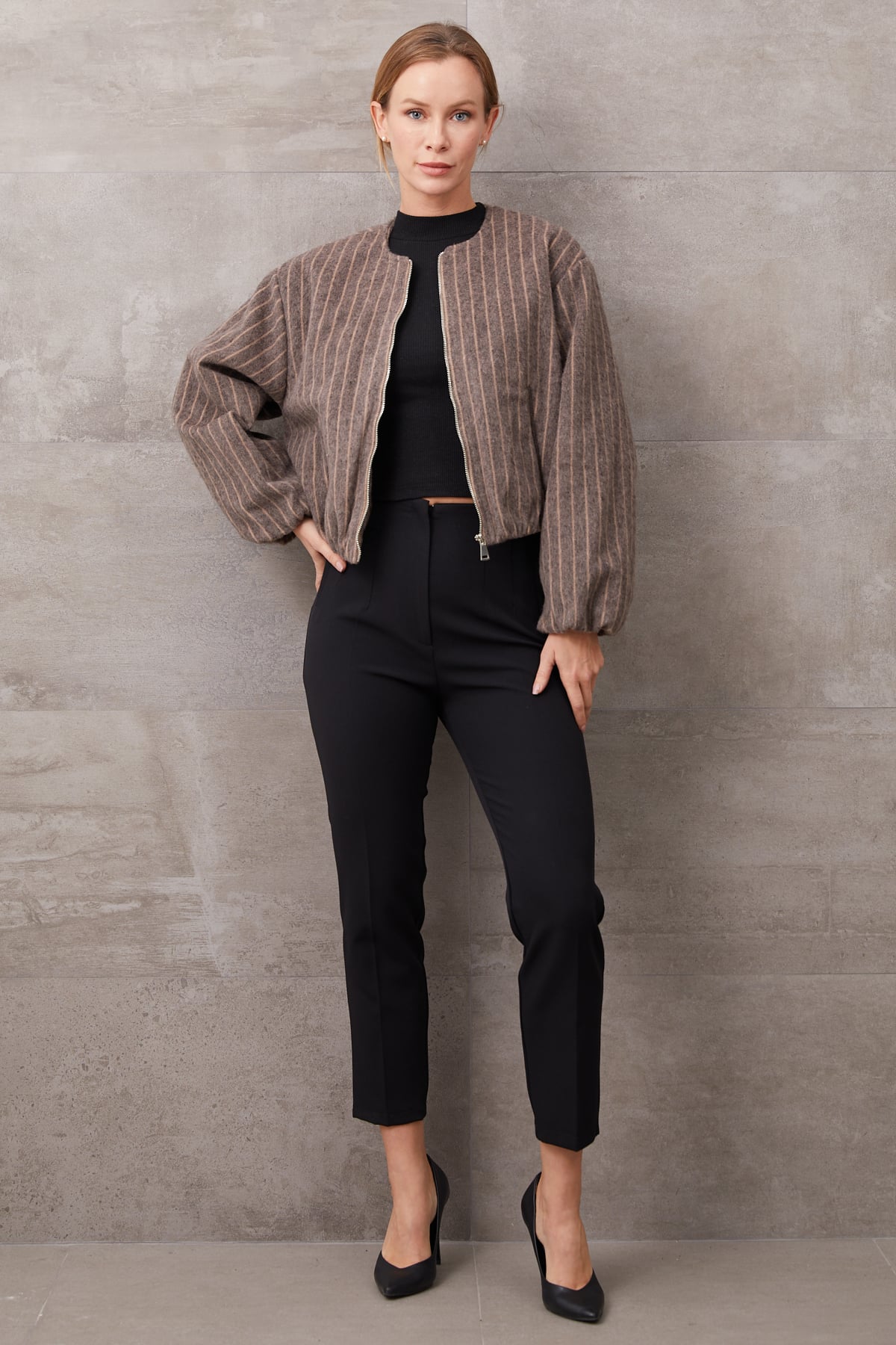 Çizgili Fermuarlı Kaşe Ceket Camel