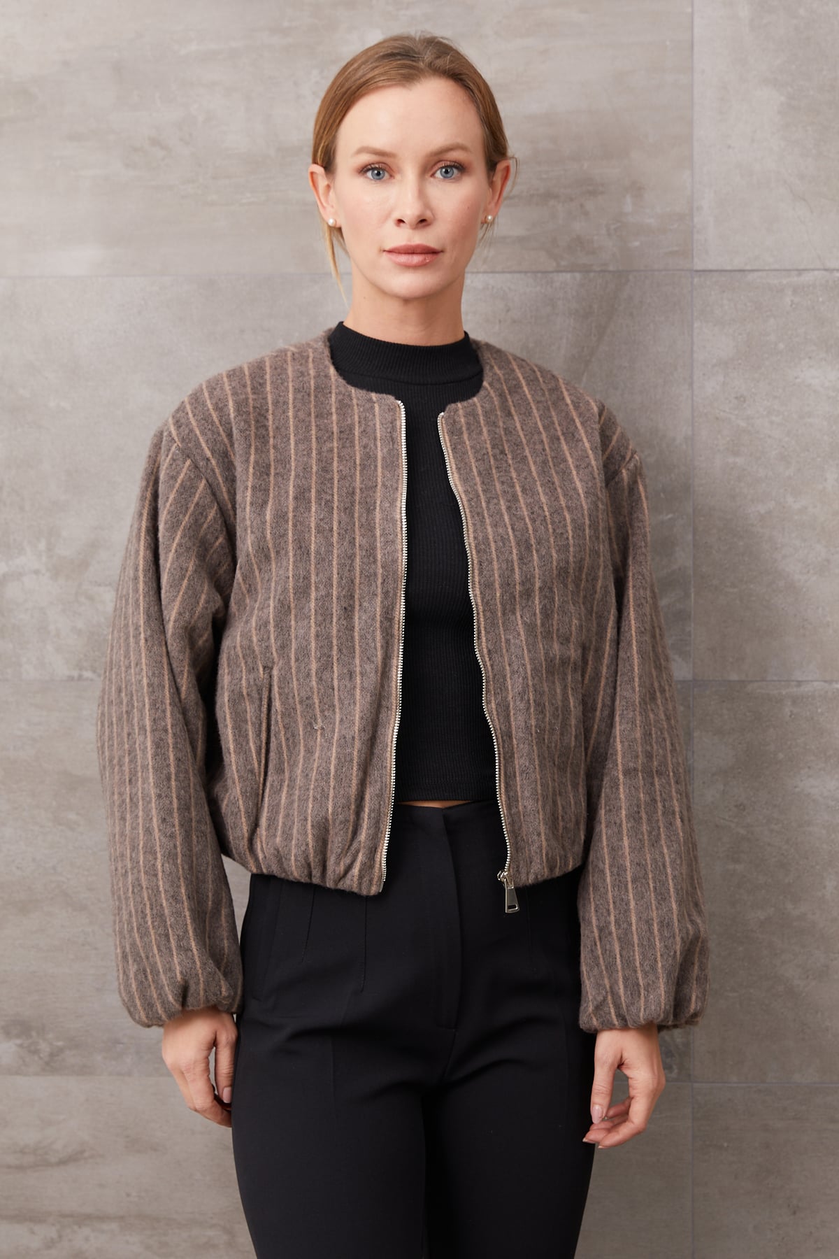 Çizgili Fermuarlı Kaşe Ceket Camel