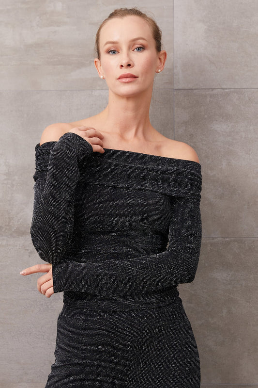 Simli Madonna Yaka Bluz Siyah