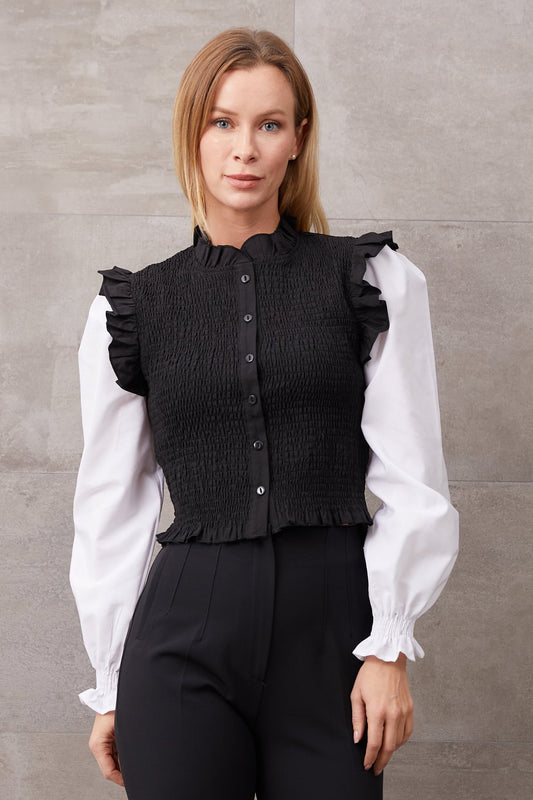 Kolu Büzgülü Gömlek Siyah - Beyaz