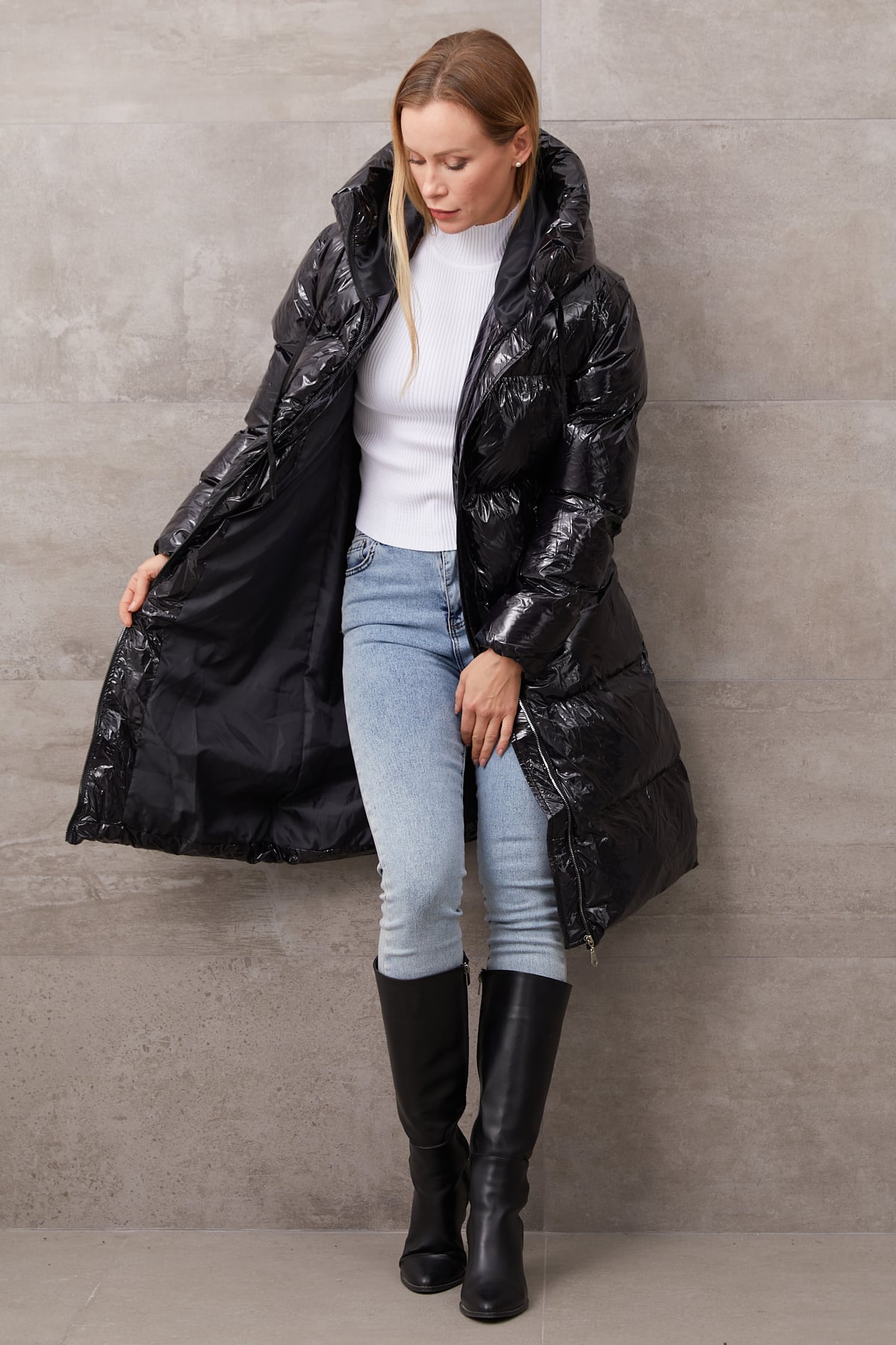 Parlak Şişme Mont Siyah