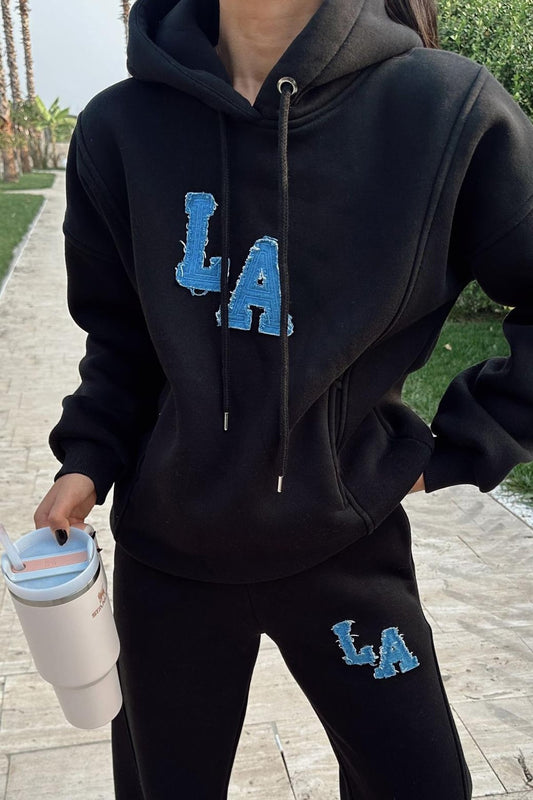 Kapüşonlu Üç İplik İkili Takım Siyah