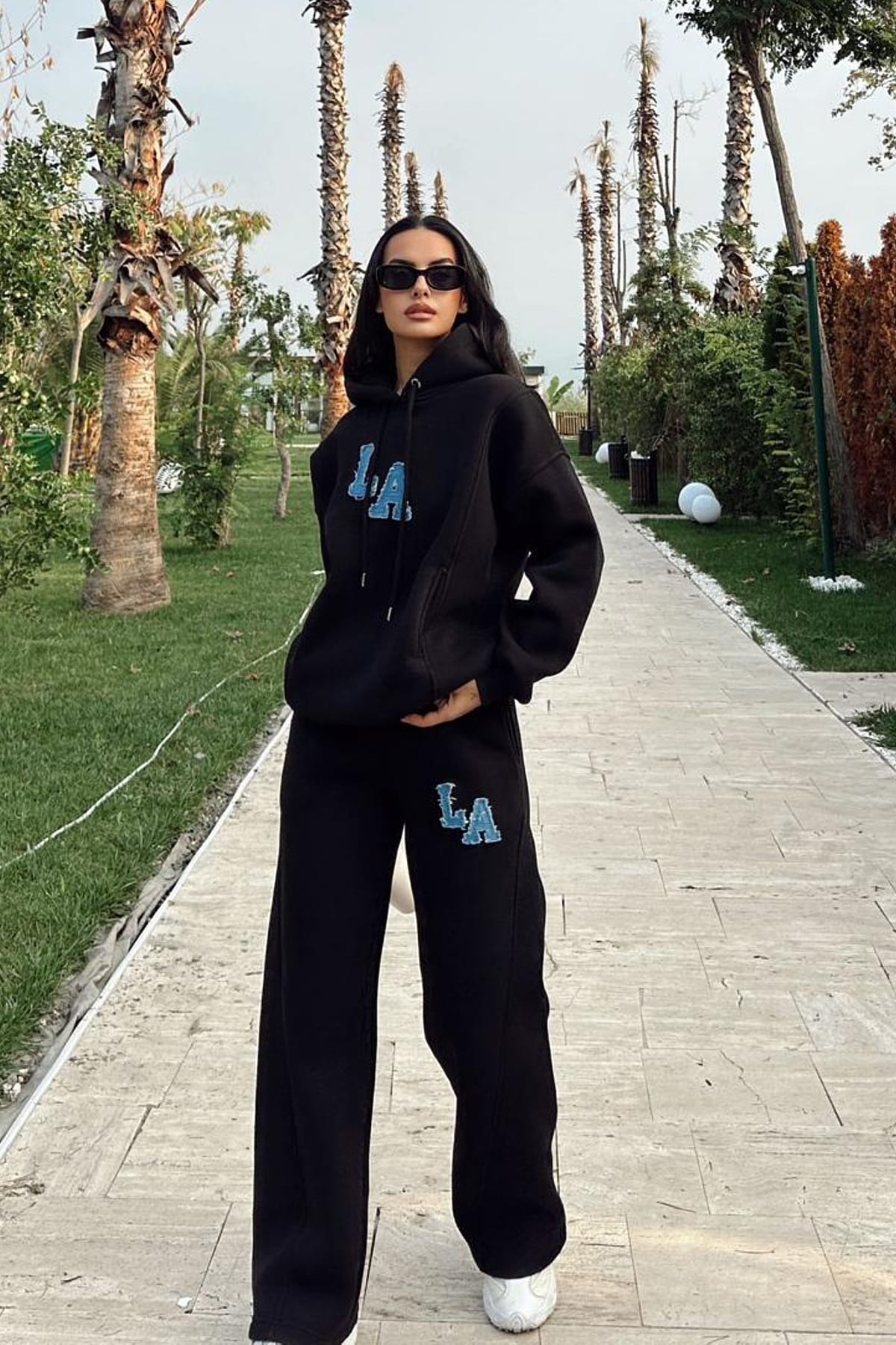 Kapüşonlu Üç İplik İkili Takım Siyah