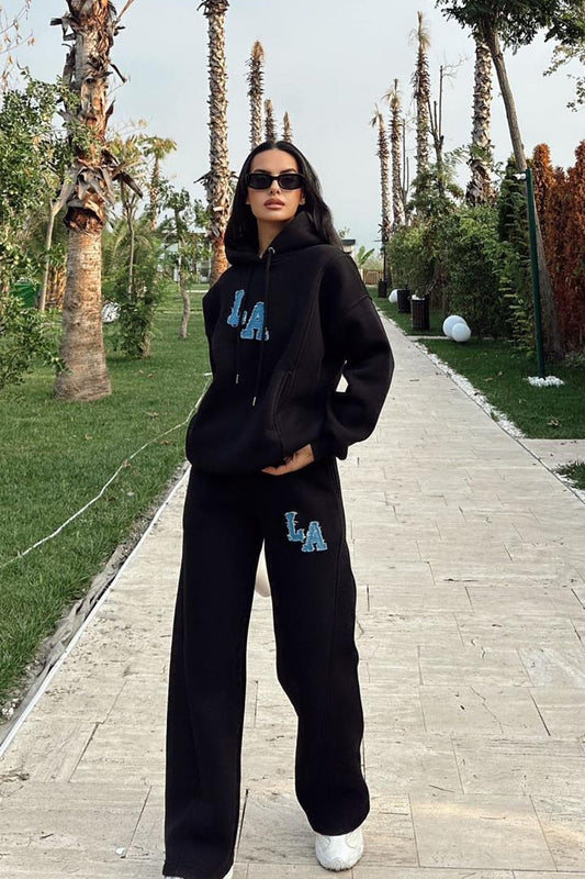 Kapüşonlu Üç İplik İkili Takım Siyah
