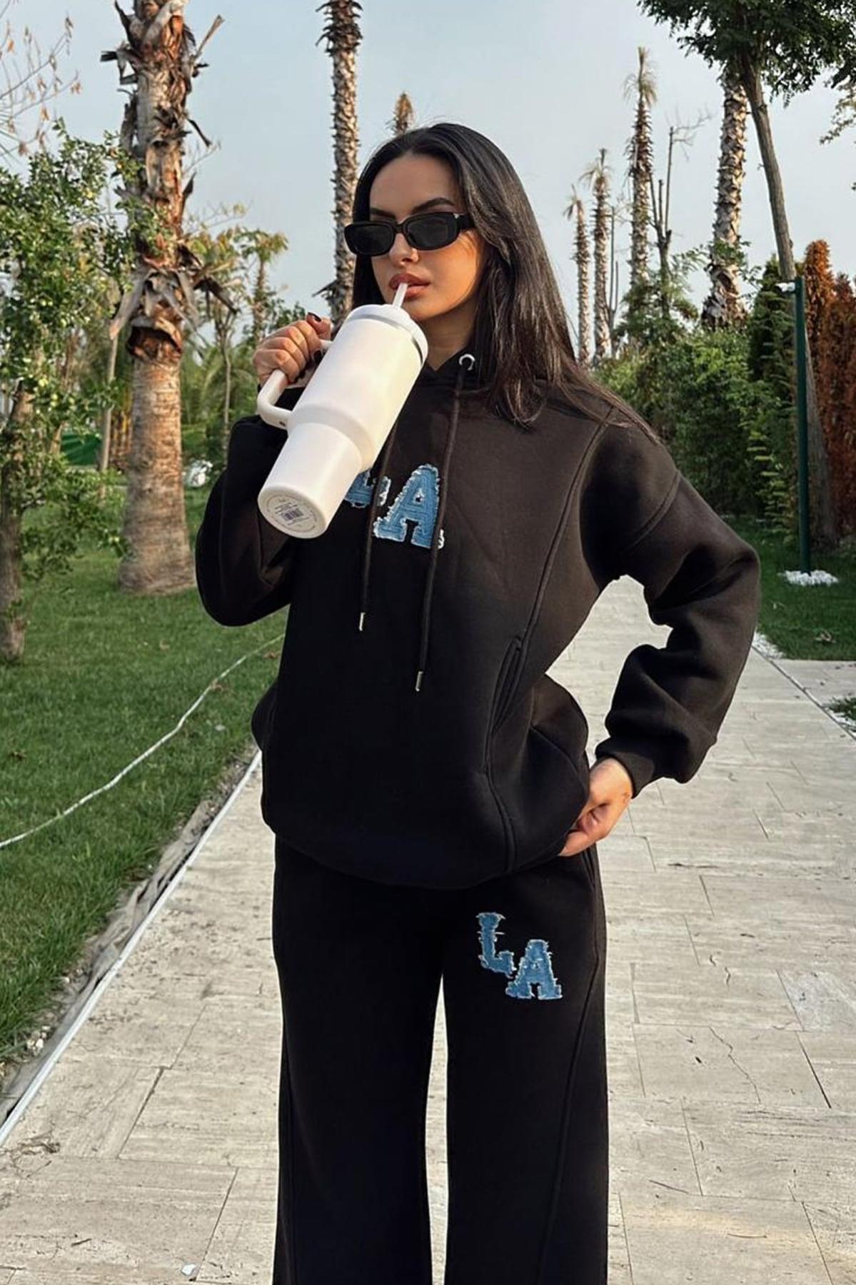 Kapüşonlu Üç İplik İkili Takım Siyah