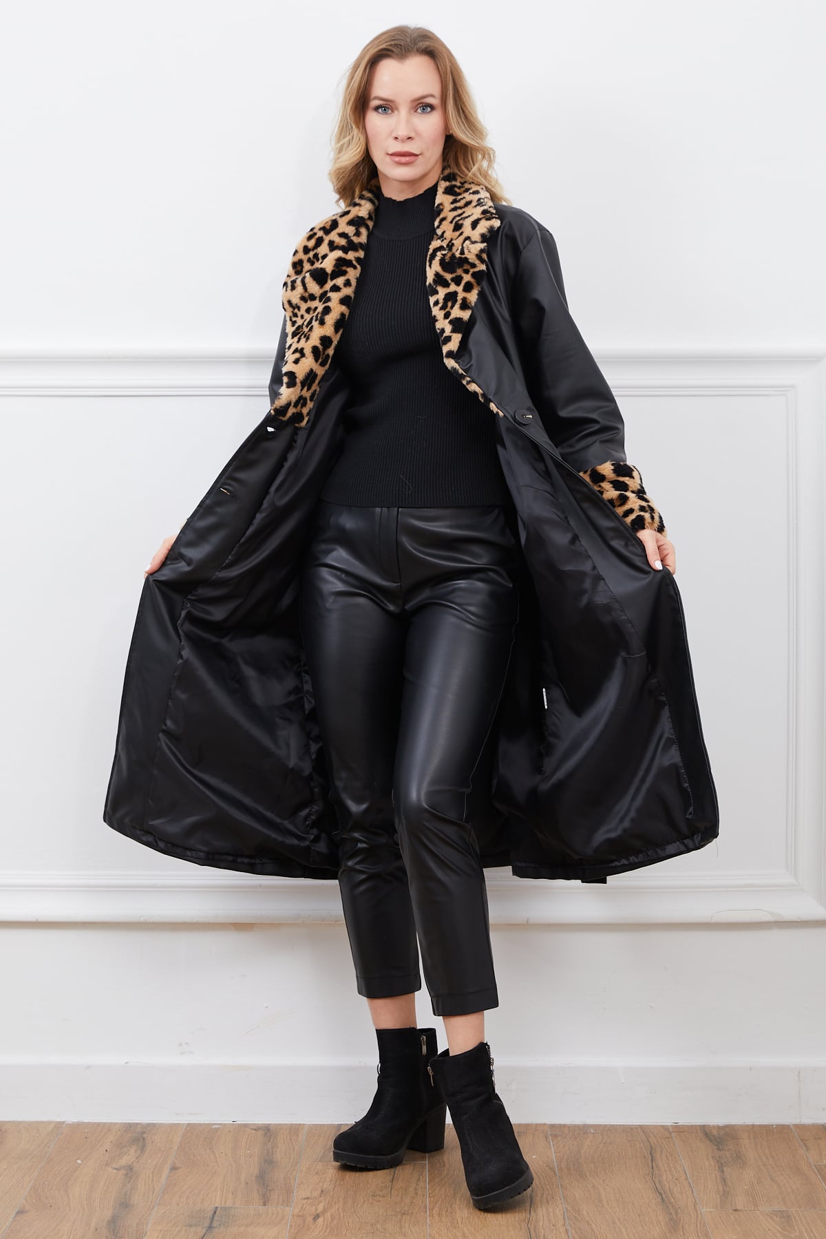 Leopar Kürklü Deri Kaban Siyah