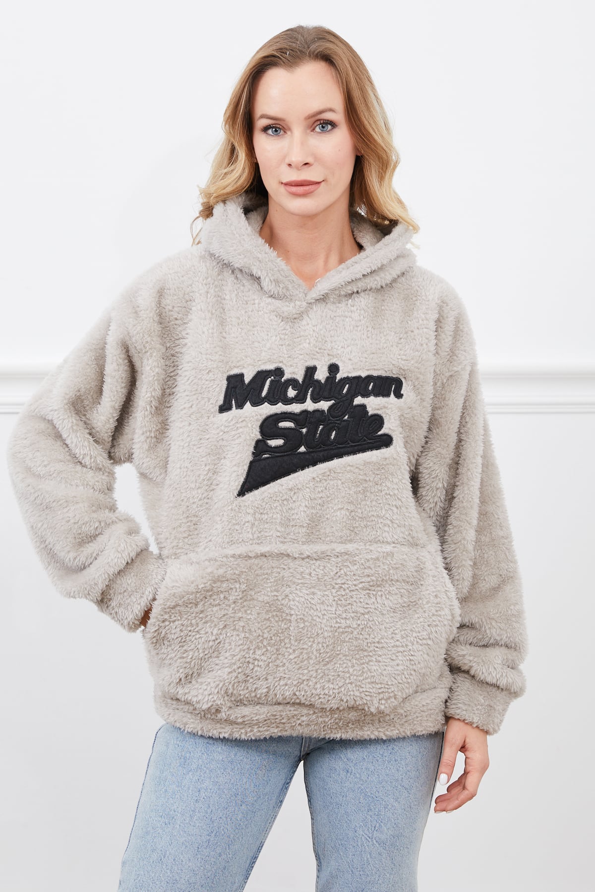 Kapüşonlu Peluş Sweatshirt Taş