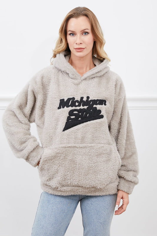 Kapüşonlu Peluş Sweatshirt Taş