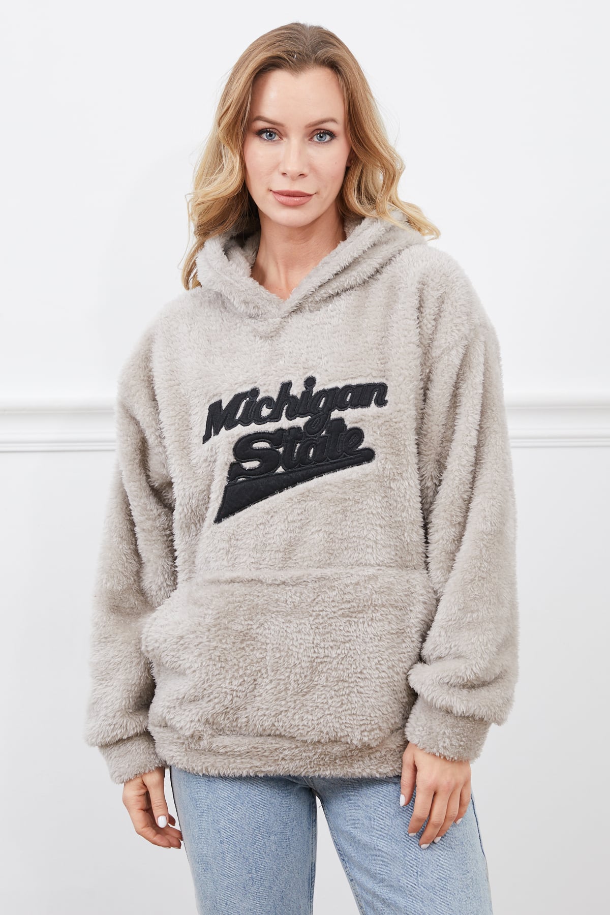 Kapüşonlu Peluş Sweatshirt Taş