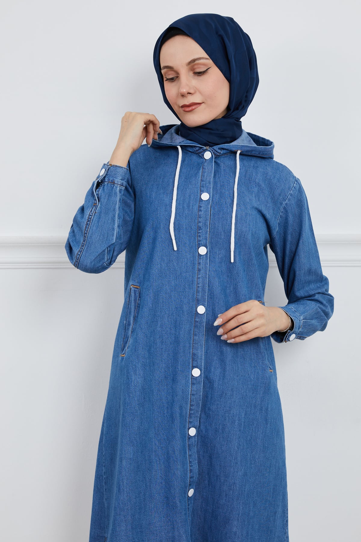 Kapüşonlu Çıtçıtlı Trençkot Mavi