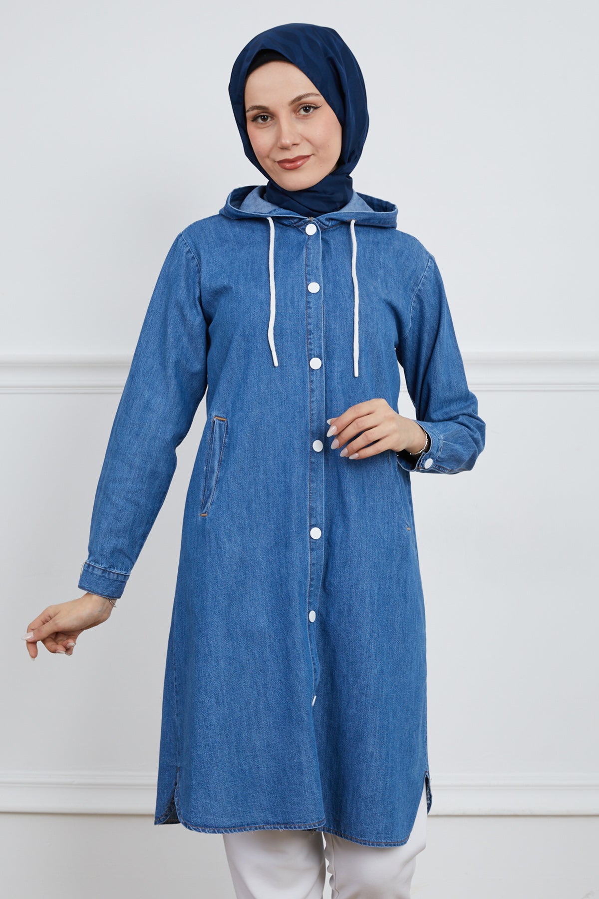 Kapüşonlu Çıtçıtlı Trençkot Mavi