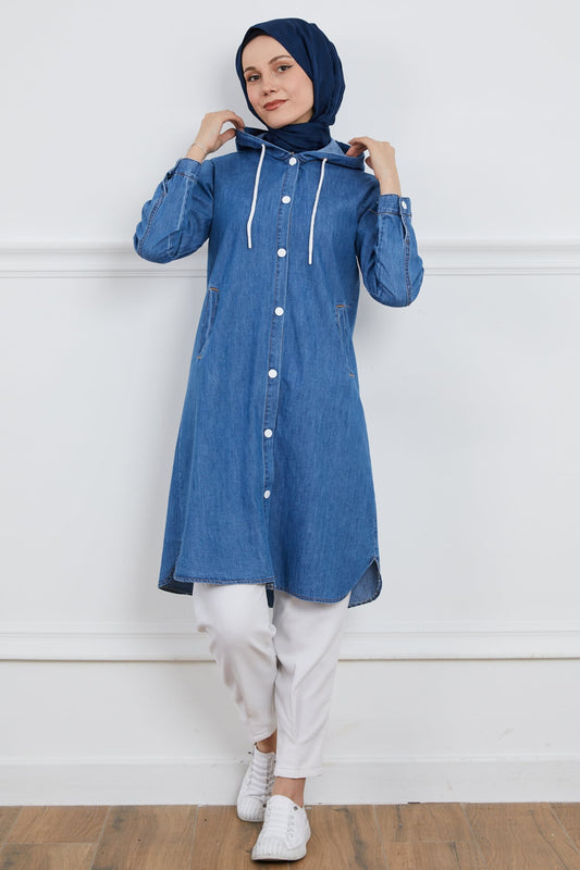 Kapüşonlu Çıtçıtlı Trençkot Mavi