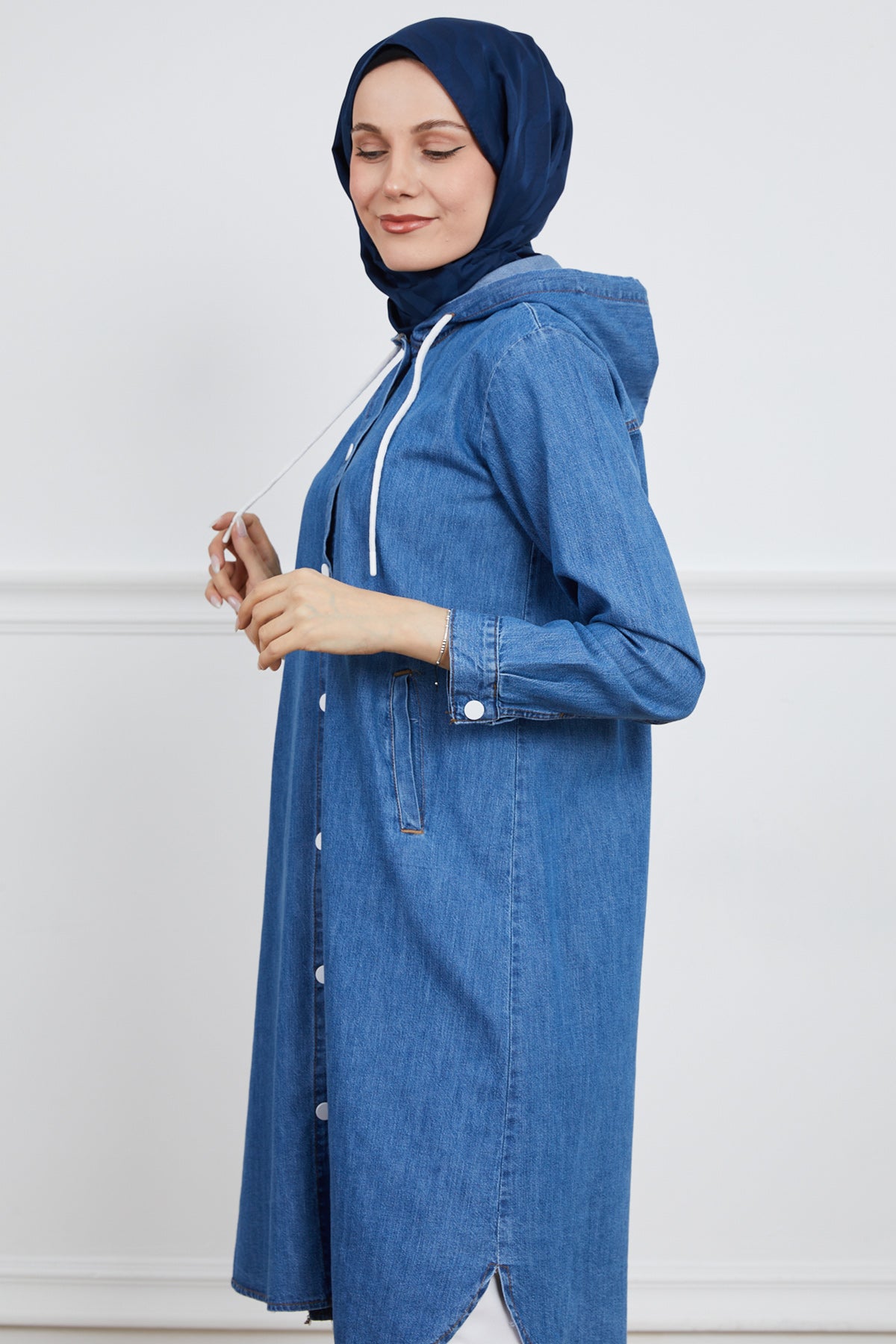 Kapüşonlu Çıtçıtlı Trençkot Mavi