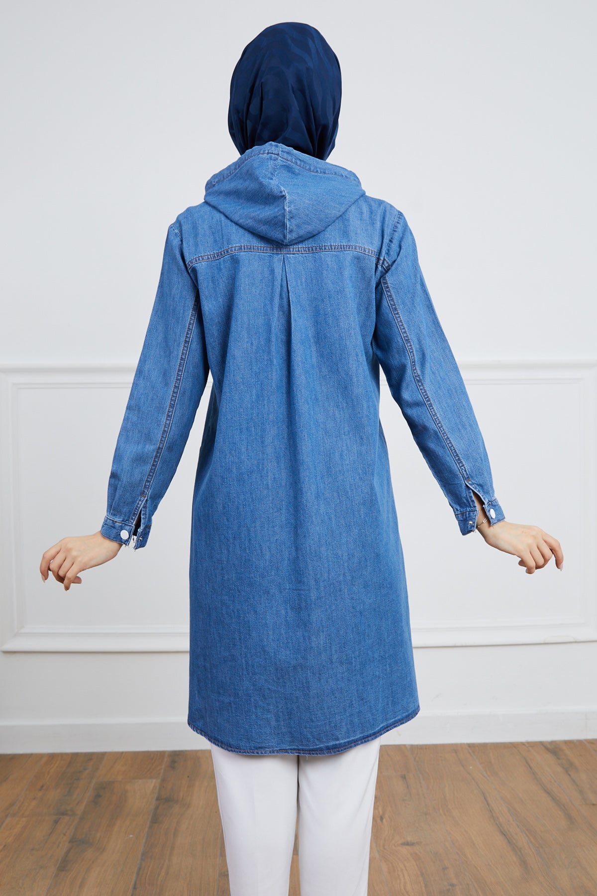 Kapüşonlu Çıtçıtlı Trençkot Mavi